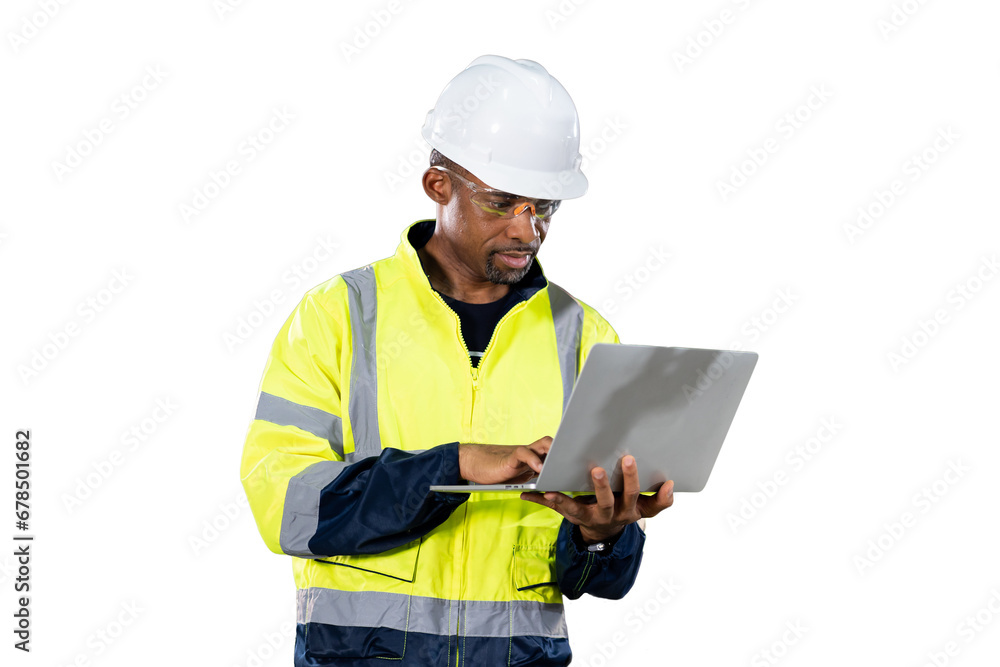 Portrait of male engineer wear uniform and helmet standing and working laptop computer on white background Portrait of male engineer wear uniform and helmet standing and working laptop computer on white background