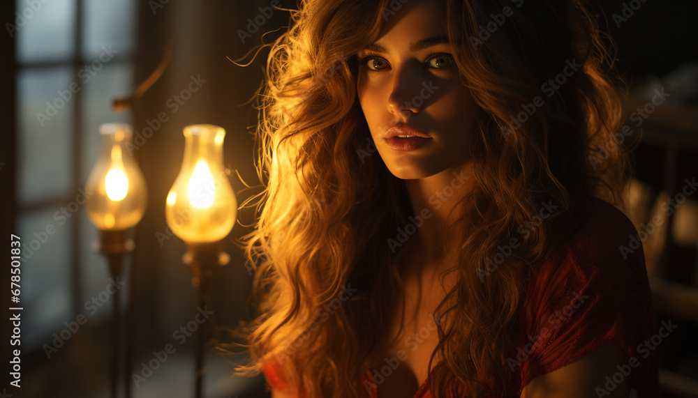 Young woman, beauty illuminated, looking at camera, smiling outdoors at dusk generated by AI Young woman, beauty illuminated, looking at camera, smiling outdoors at dusk generated by AI