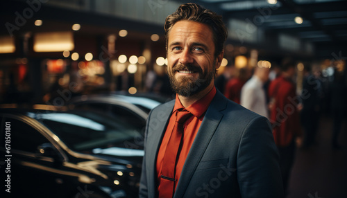 A confident businessman in a suit, smiling, looking at camera generated by AI