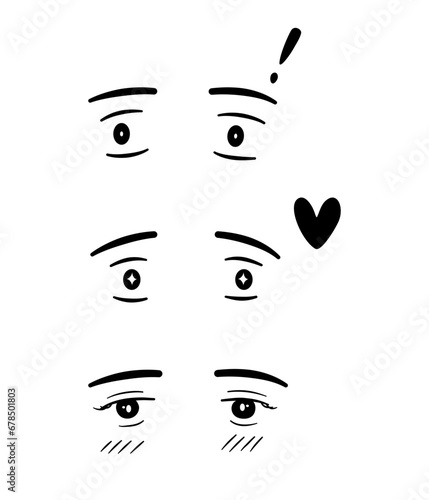 Set of the cartoon eyes with emotion surprised pleased and embarrassed, black and white cartoon lines