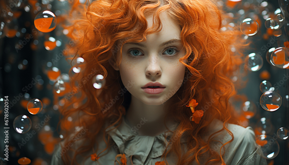 Young redhead woman looking at camera with elegance and beauty generated by AI