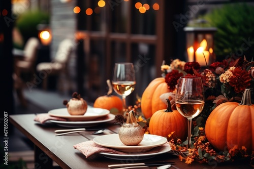 Thanksgiving table setting outdoors with pumpkins and candles. Autumn home decoration