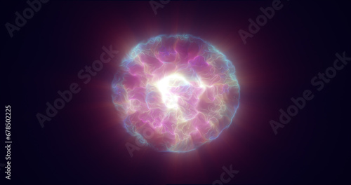 Multicolored energy glowing sphere futuristic atom from electric magic particles and energy waves background