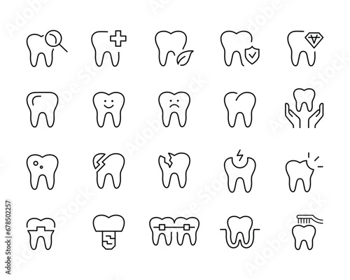 Dentist, tooth icons, such as dentist, clean, protect, treat, oral, Healthy, caries, implants, toothache, teeth line icons set, editable stroke isolated on white, linear vector outline illustration