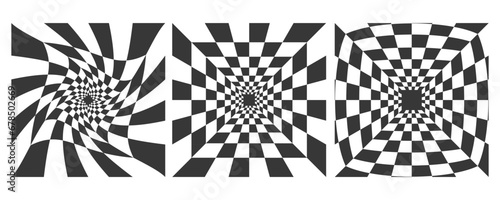 Checkerboard black and white psychedelic pattern. Optical illusion art background. Chess grid abstract Y2k square. Wavy circular vector perspective illustration.