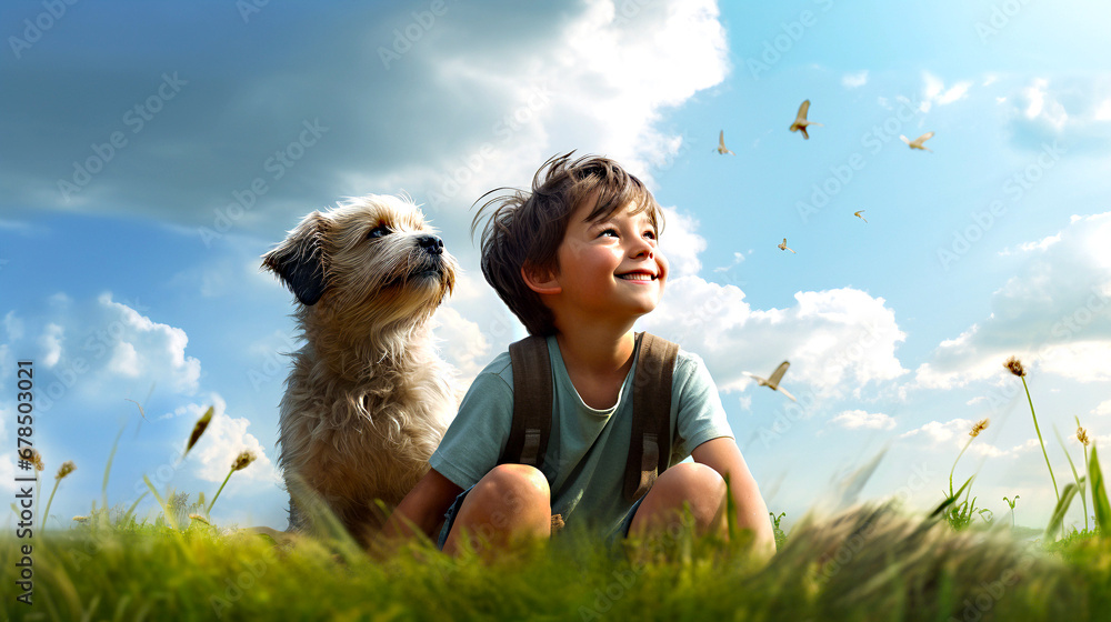 Boy and dog looking the sky