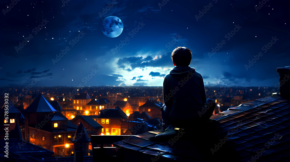 Boy on the roof at night