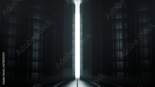 Luminous door with front view, with a mysterious glow in the middle of an environment of almost metallic walls in dark tones, with soft mist that generates atmosphere, 3d ilustration