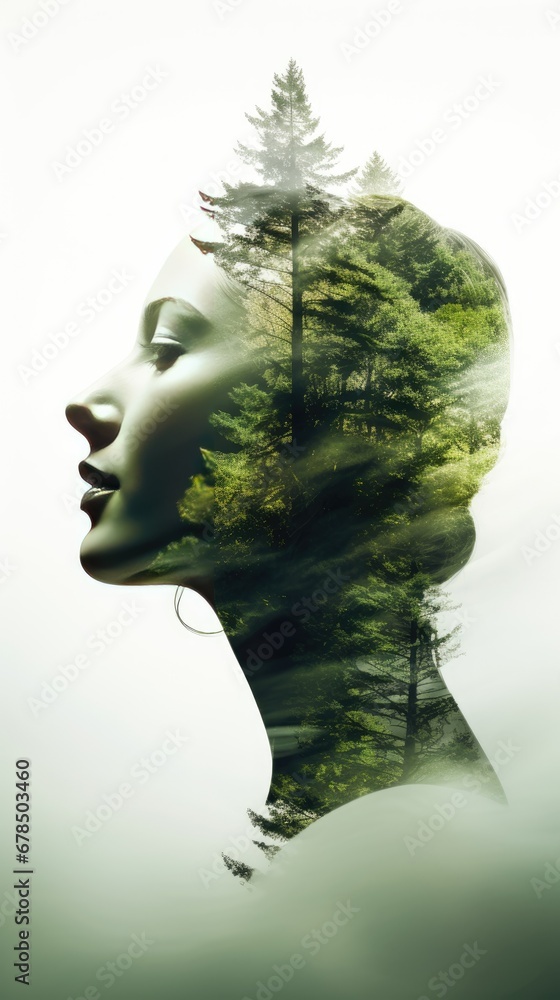 Double exposure image featuring a woman seamlessly blended with the lush green forest background, conveying the harmonious connection between humanity and nature through creative photography Double exposure image featuring a woman seamlessly blended with the lush green forest background, conveying the harmonious connection between humanity and nature through creative photography
