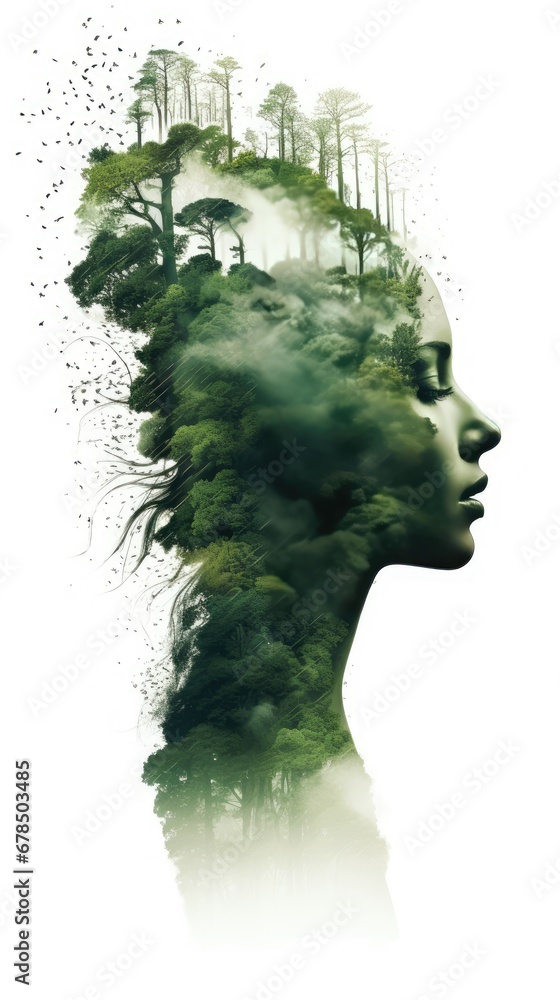 Double exposure image featuring a woman seamlessly blended with the lush green forest background, conveying the harmonious connection between humanity and nature through creative photography
