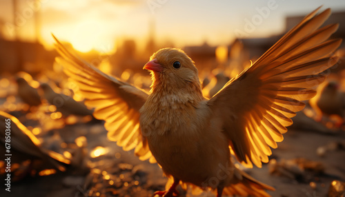 One yellow pigeon flying at sunset, spreading its wings generated by AI © Stockgiu