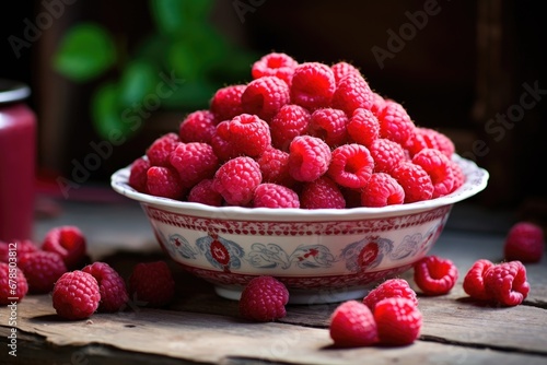Red raspberries in a plate on a dark table. Generative AI