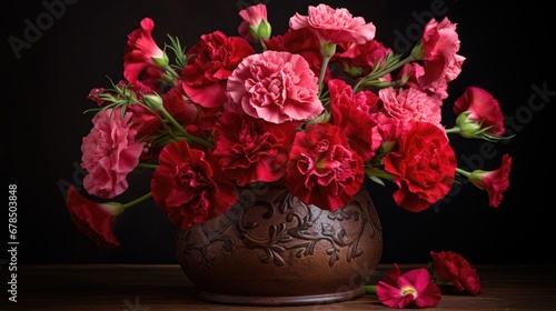 Bouquet of carnations in ceramic pot. Generative AI © kardaska