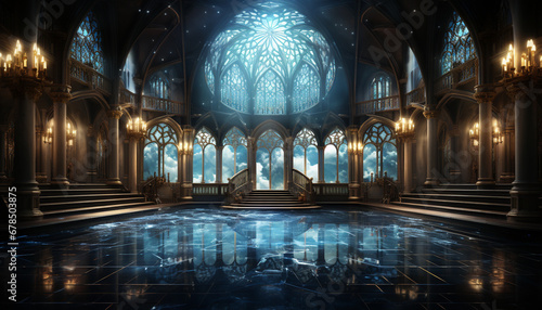 Inside the old cathedral, the majestic stained glass illuminates spirituality generated by AI