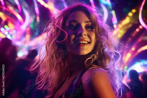 Portrait of young beautiful woman dancing in night club with lights.