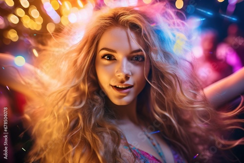 Portrait of young beautiful woman dancing in night club with lights.