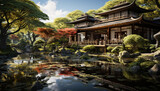 Tranquil autumn pond reflects ancient pagoda in Japanese garden generated by AI