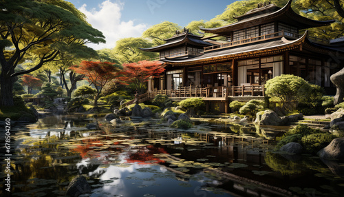 Tranquil autumn pond reflects ancient pagoda in Japanese garden generated by AI