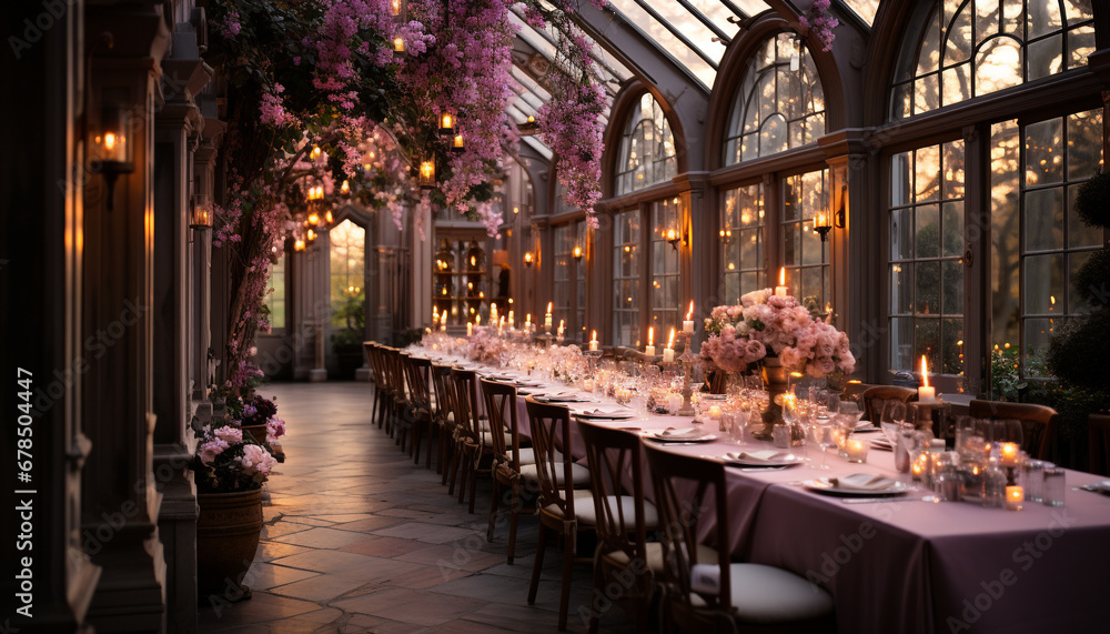 Luxury wedding celebration elegant table, purple flowers, candlelit ambiance generated by AI