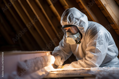 Worker in Protective Suit Installing Insulation in Attic Space © GTXCO
