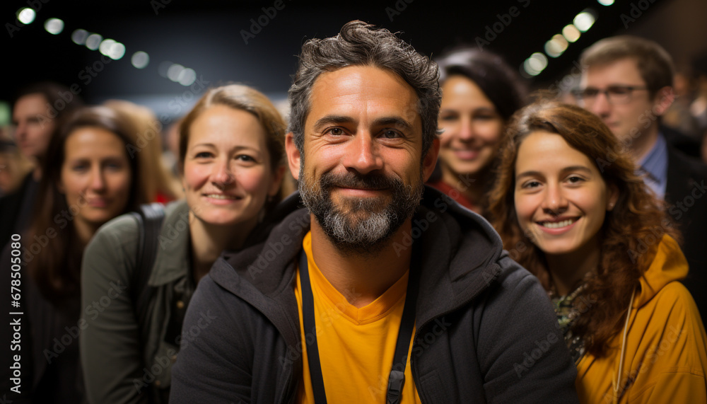 A cheerful crowd of men and women smiling, looking at camera generated by AI