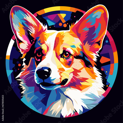 Vector Art Illustration of a Pembroke Welsh Corgi Dog Cubist Style Inside a Circular Frame on a Black Background