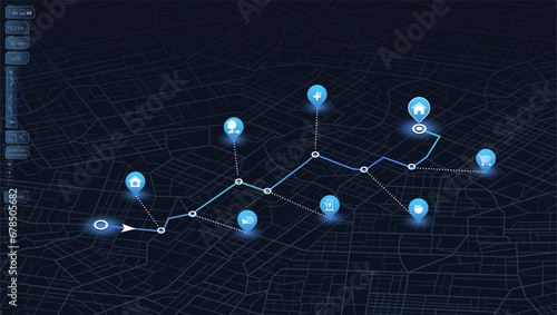 Abstract transportation background with POI. Transportation-related designs, promotional materials. Establishments, gas stations, parks, restaurants. Streets, blocks, route for movement on the streets