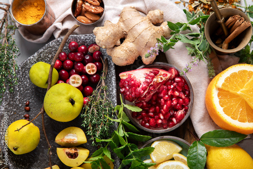 Fototapeta Naklejka Na Ścianę i Meble -  Fruits, vegetables and herbs for healthy immune system.