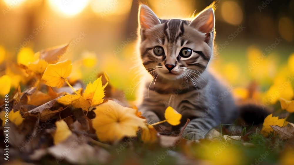 A Cute kitten playing with yellow autumn leaves at sunset. the backyard The background of the photo is a relaxing environment in the backyard.