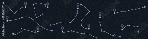 Gps tracking map, streets and blocks, route. Track navigation pins on street maps, navigate mapping technology and locate position pin. Futuristic travel gps map or location navigator vector