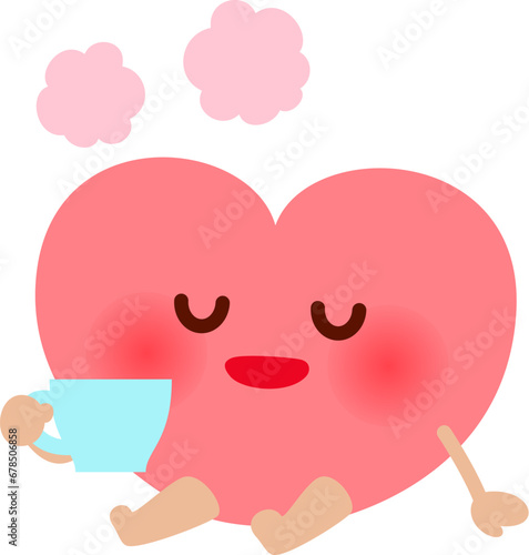 お茶を飲んでリラックスするハートのキャラクター