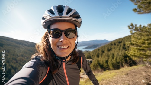 A beautiful female cyclist taking a selfie while cycling with pine trees and hills in the background. © Phoophinyo