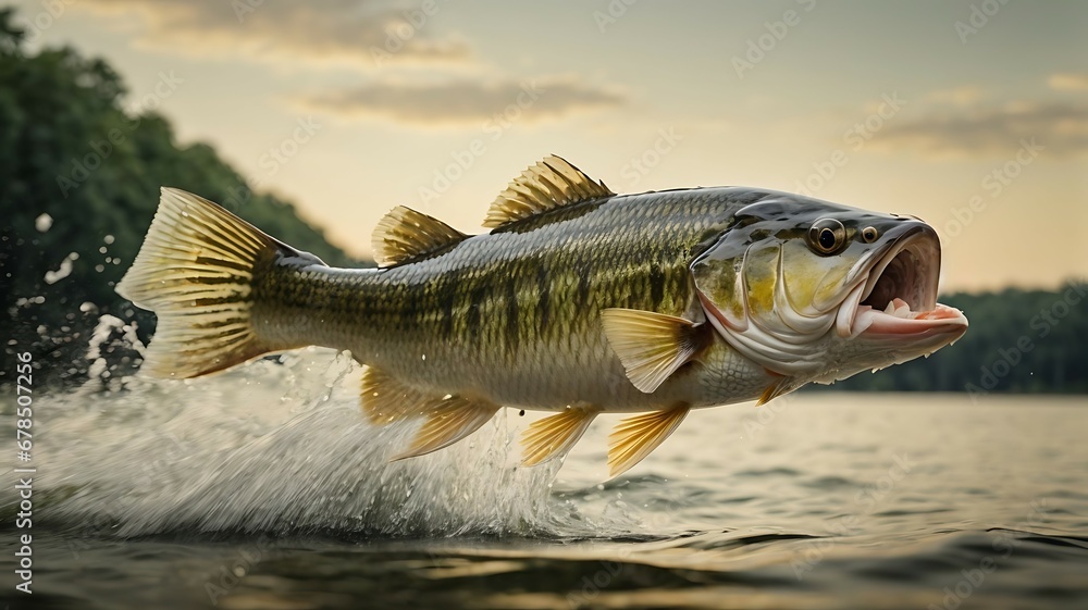 Largemouth bass is jumping to catch a bait - obrazy, fototapety, plakaty 