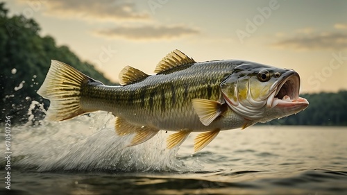 Largemouth bass is jumping to catch a bait photo