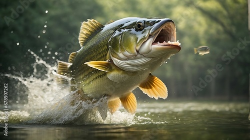 Largemouth bass is jumping to catch a bait