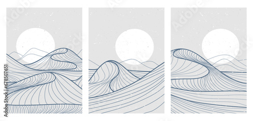 Mountain desert line art print on set. Abstract mountain contemporary aesthetic backgrounds landscapes. vector illustrations
