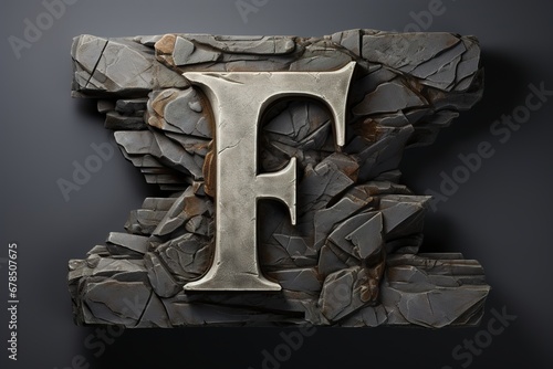 Stone letter F alphabet in cracked rock. Natural typography logotype minimalism photo