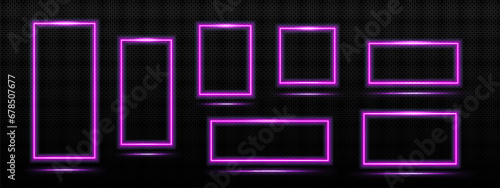 Neon rectangular and square frame with light glowing effect. Realistic vector illustration set of purple futuristic door or magic portal. Line led luminous cyber border on dark transparent background.