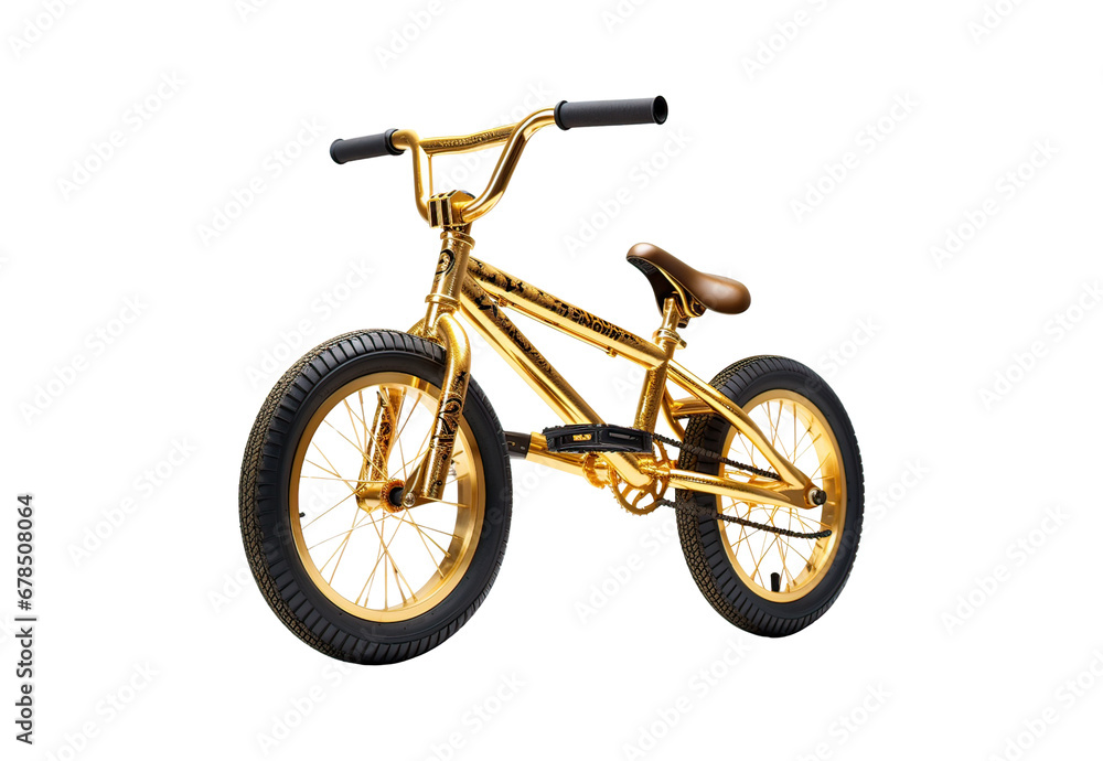 Golden bmx bicycle on white background, highest resolution, no shadows, die cut, png file. Golden bmx bicycle on white background, highest resolution, no shadows, die cut, png file.