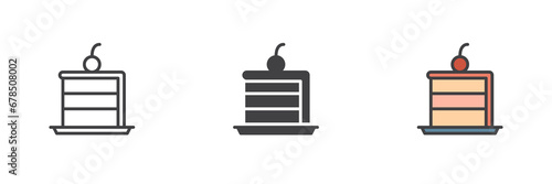 Piece of cake with cherry different style icon set
