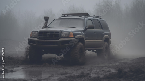 A 4x4 tire aggressively splashes through a muddy gravel patch, captured from a front angle with rack focus. The natural lighting and foggy backdrop add a mysterious aura to this dynamic off-road scene