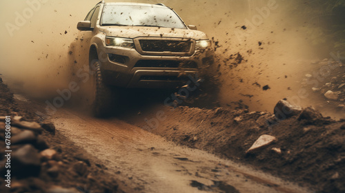 A 4x4 tire aggressively splashes through a muddy gravel patch, captured from a front angle with rack focus. The natural lighting and foggy backdrop add a mysterious aura to this dynamic off-road scene photo