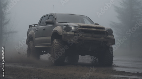 A 4x4 tire aggressively splashes through a muddy gravel patch, captured from a front angle with rack focus. The natural lighting and foggy backdrop add a mysterious aura to this dynamic off-road scene