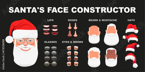 Facial elements for creating a portrait of an old man in a Santa costume. Set of eyes, noses, eyebrows, lips, glasses, beards, mustaches and caps for creating a character.