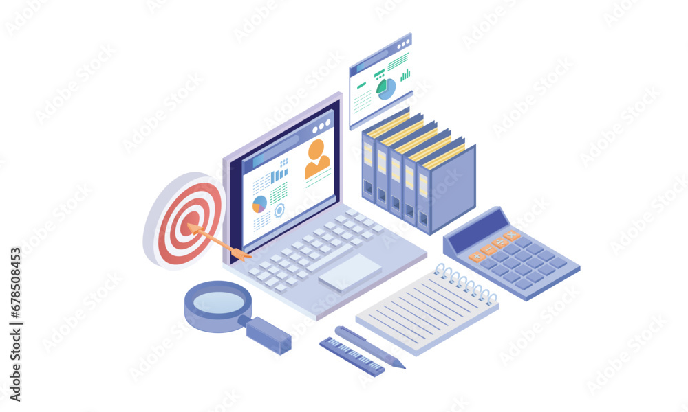 Isometric Auditing, analysis, accounting, calculation, document analysis with graphs, charts on laptop screen, folder, magnifying glass, calculator.on white background.3D design.isometric vector. Isometric Auditing, analysis, accounting, calculation, document analysis with graphs, charts on laptop screen, folder, magnifying glass, calculator.on white background.3D design.isometric vector.
