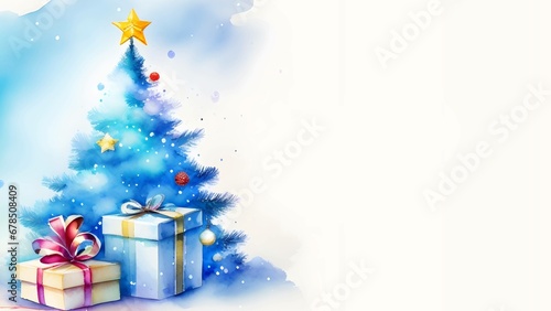 Watercolor Christmas tree with gift boxes for New Year. Blue Snow Winter Season Holiday background design for invitation, cards, social post, ad, cover, sale banner template