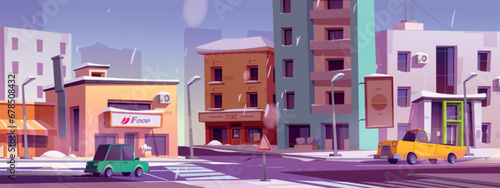 Winter city street intersection with houses and cars. Vector cartoon illustration of snowy town, autos driving road, modern office and apartment buildings, cafe and food shop facade, traffic signs
