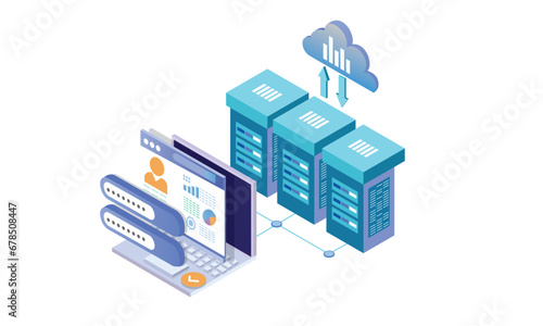 Isometric Conceptual template with Laptop connected to server racks. Scene for cloud storage service to download or upload files.on white background.3D design.isometric vector design Illustration.