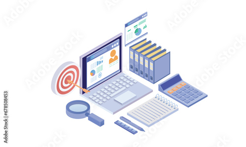 Isometric Auditing, analysis, accounting, calculation, document analysis with graphs, charts on laptop screen, folder, magnifying glass, calculator.on white background.3D design.isometric vector.