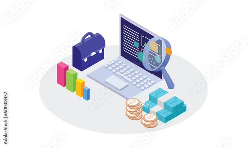 Isometric Conceptual template bar chart on computer screen through magnifying glass.on white background.3D design.isometric vector design Illustration.